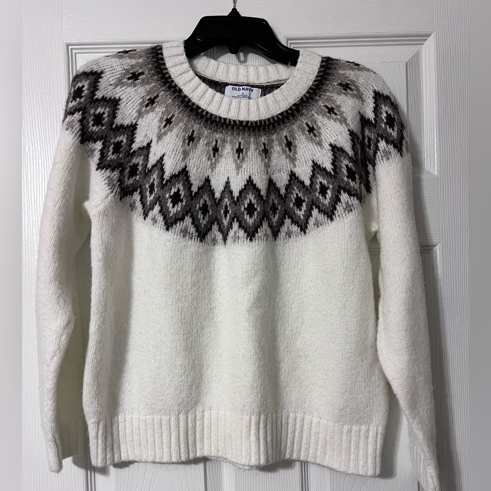 Old Navy Cream Crewneck Fair Isle Yoke Sweater